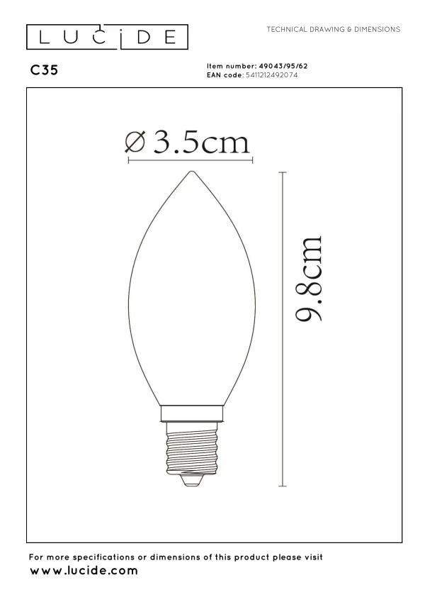Lucide C35 - Glühfadenlampe - Ø 3,5 cm - LED 3 StepDim (Memory) - E14 - 1x3W 2200K - Amber - technisch
